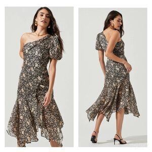 ASTR THE LABEL Santorini Floral Asymmetrical Hem One Shoulder Midi Dress Sz XS